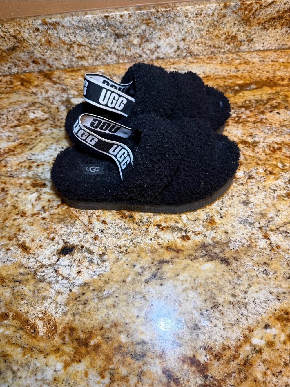 UGG Black Fuzzy Slide Sandals with Logo Slingback